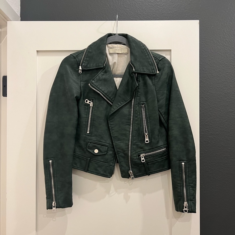 Zara green faux leather jacket size XS